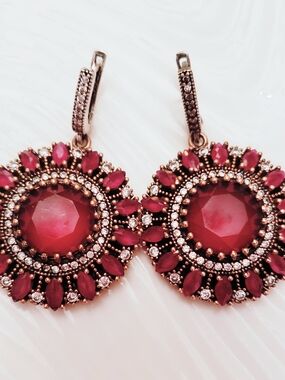 Ottoman Turkish Sterling Silver .925 /Brass Red Crystal Sunburst Drop Earrings